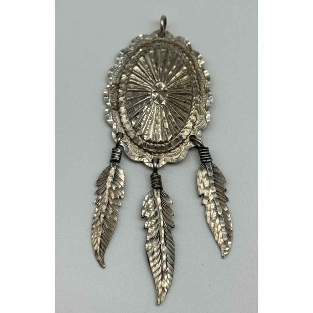 Southwestern Diamond Cut Sterling Silver Concho Feather Pendant